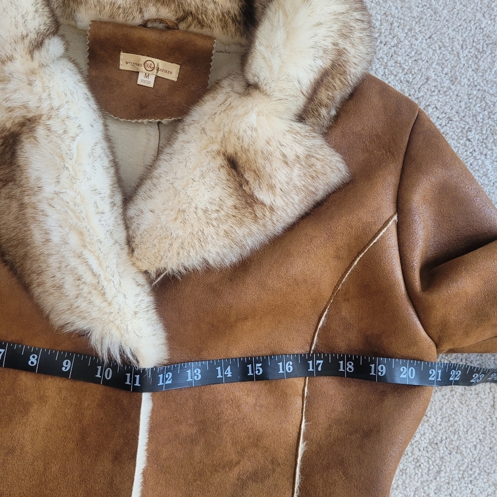 Stunning WILSONS Brown Long Faux Suede Fur Trim Sherpa Shearling Coat Y2K Sz M - Picture 9 of 12
